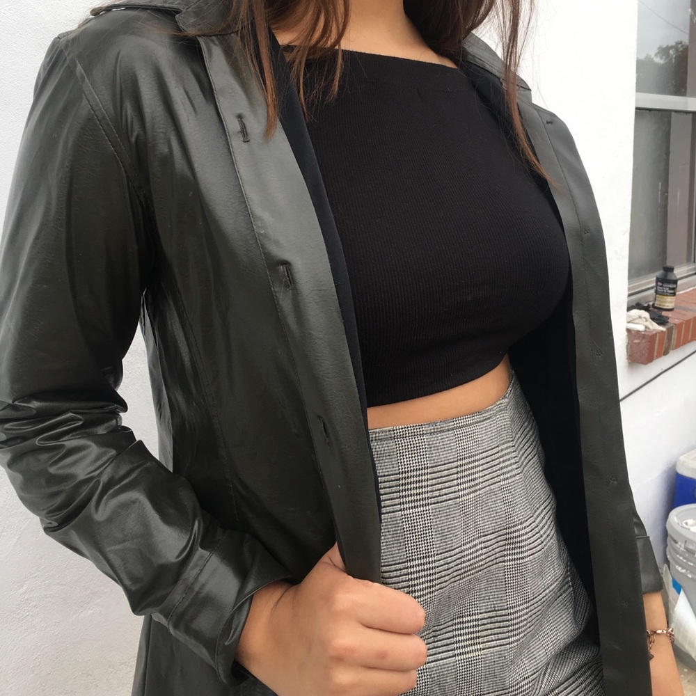 Faux leather olive green button up